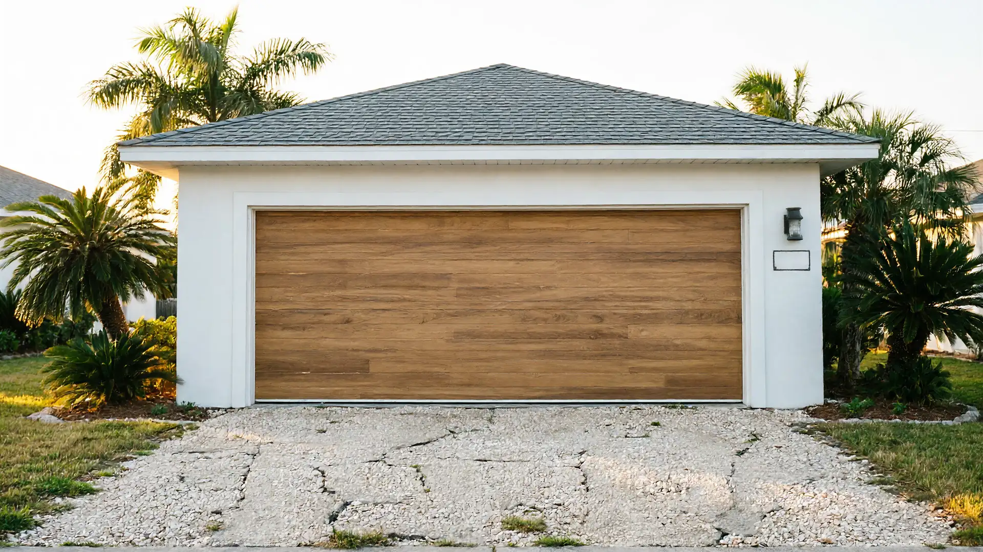 The garage door is brown with horizontal panels on a white house.