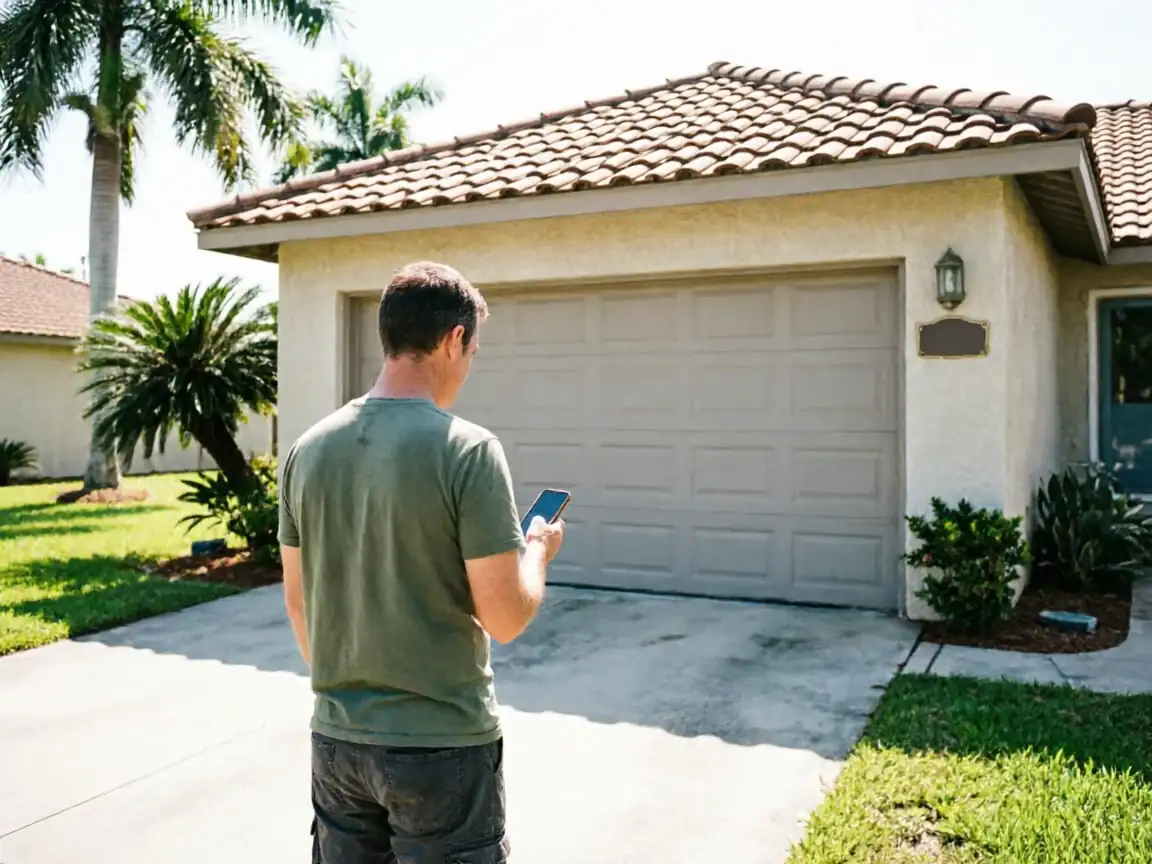 A man stands in a driveway looking at his phone in front of a closed garage door.