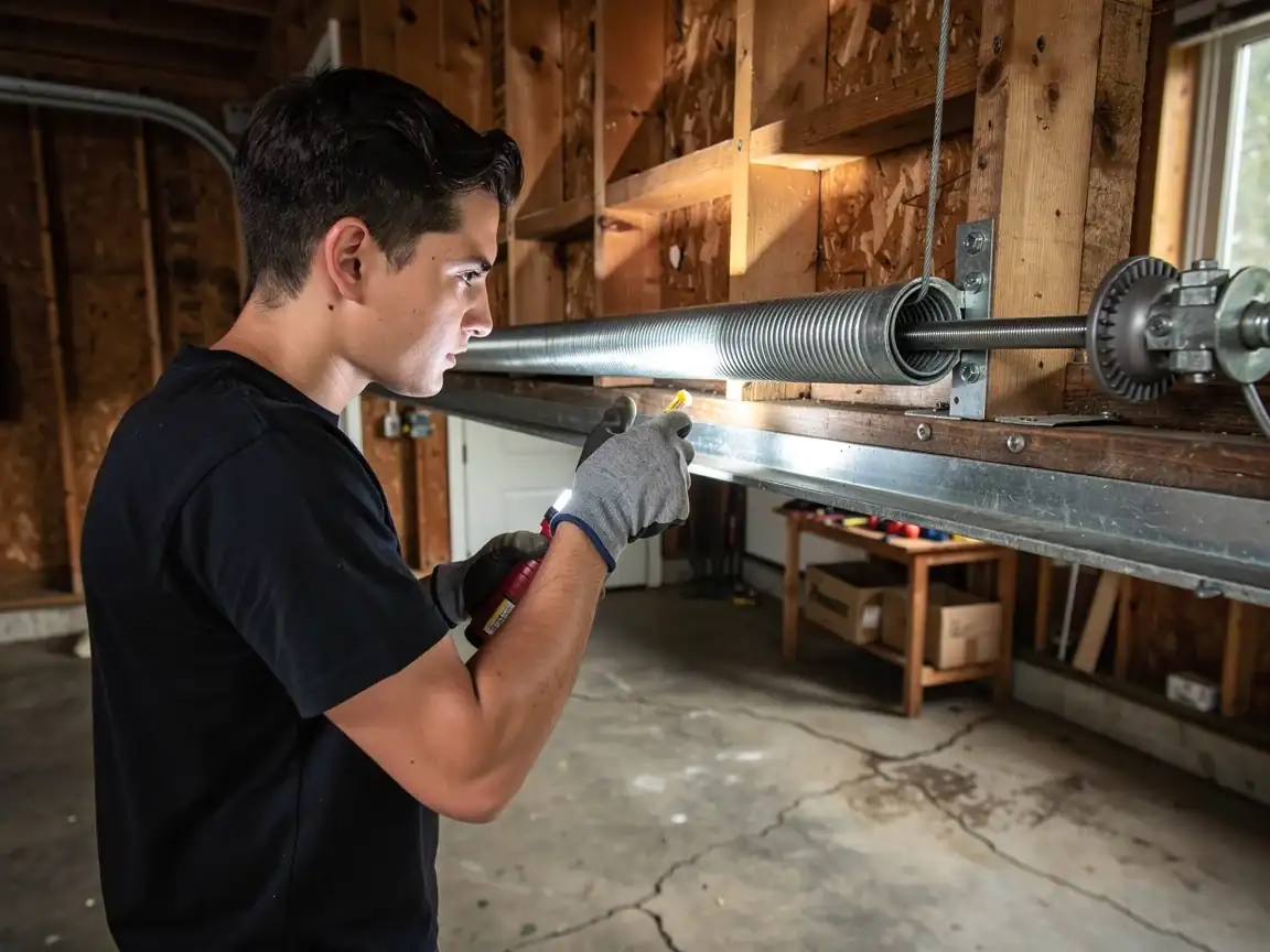 A technician shines a flashlight on a garage door torsion spring.