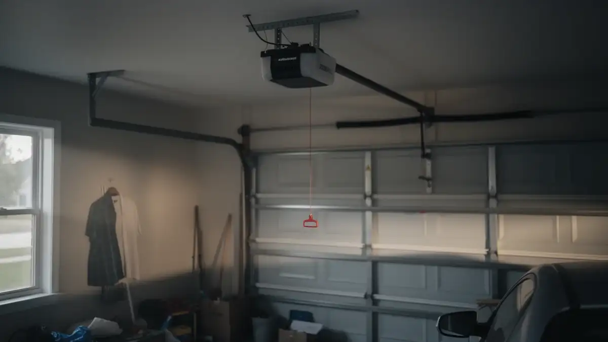 A garage door opener is mounted on the ceiling above a closed garage door.